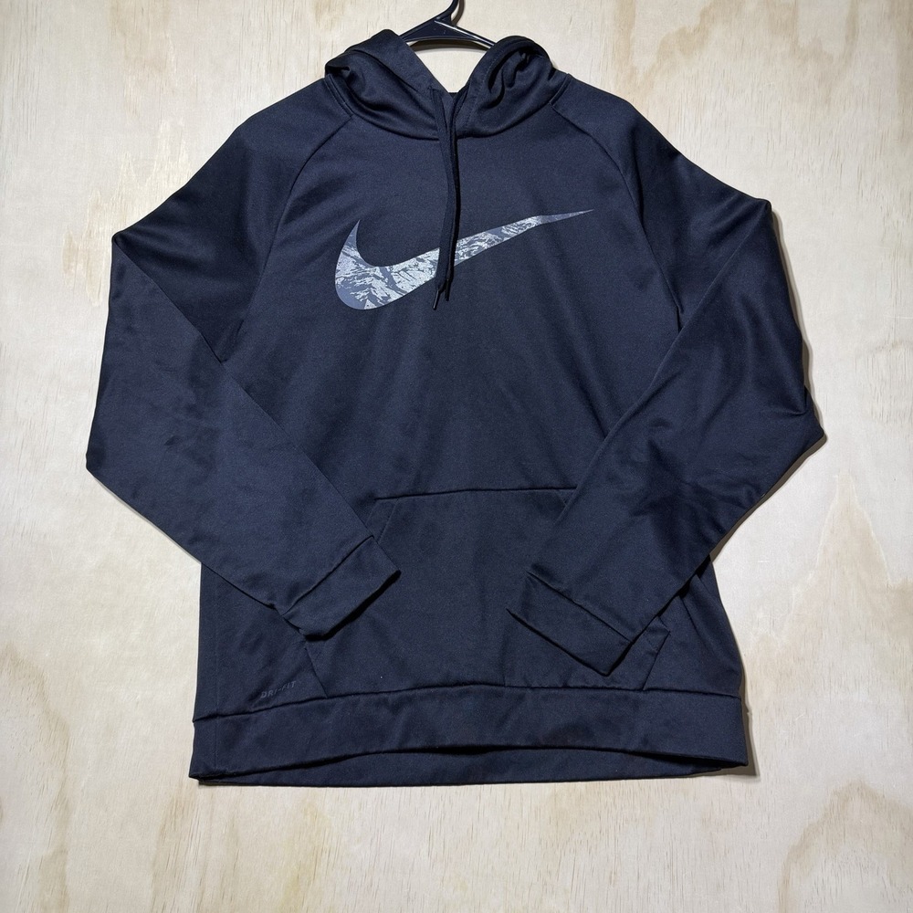 Nike Dri-FIT Mens Large Black Pullover Hoodie Gray Camo Swoosh Athletic